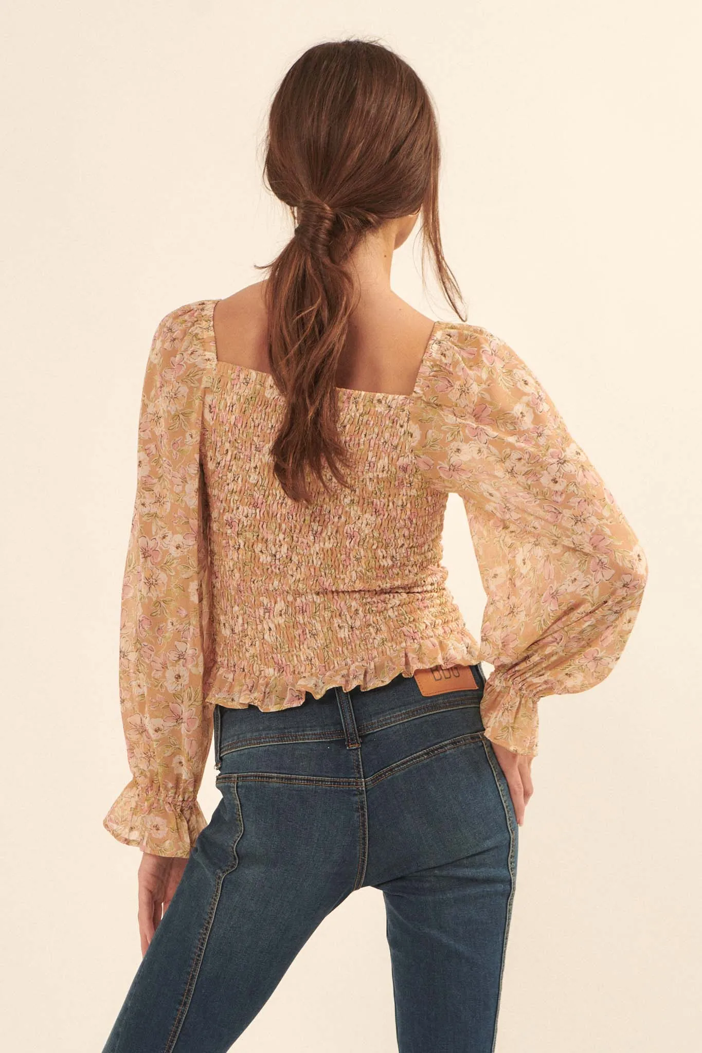 Floral Fascination Smocked Chiffon Peasant Top