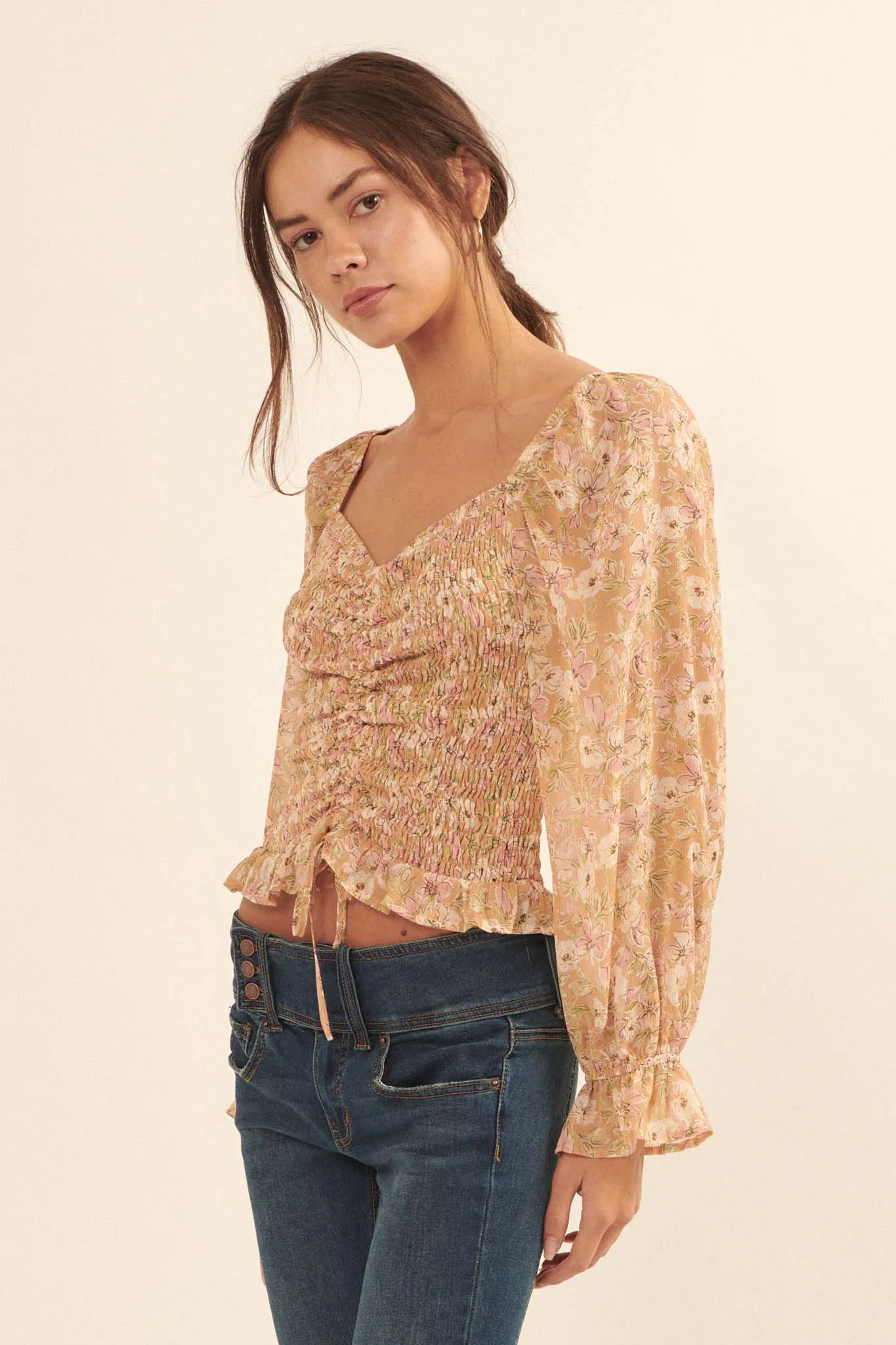 Floral Fascination Smocked Chiffon Peasant Top