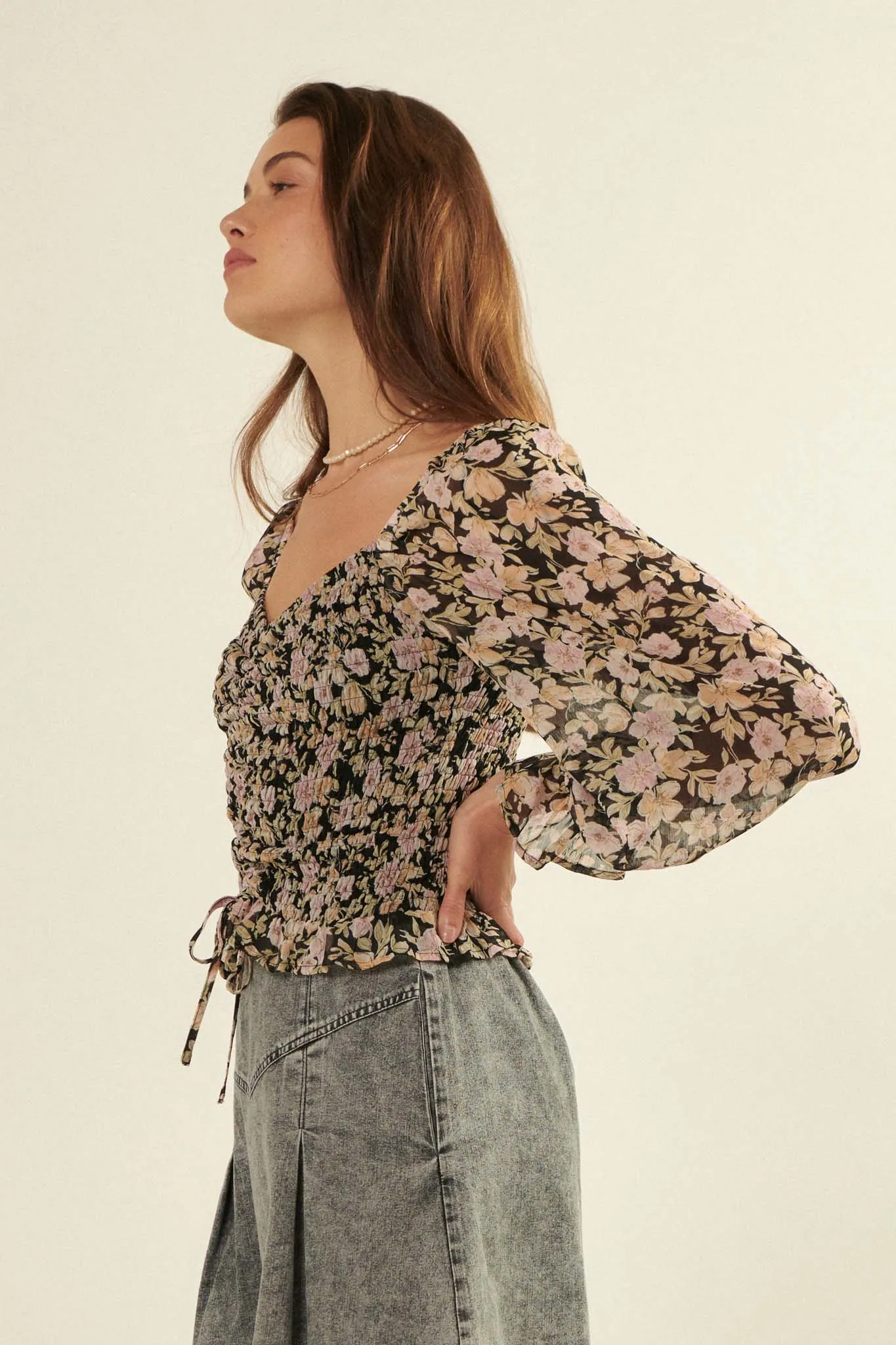 Floral Fascination Smocked Chiffon Peasant Top