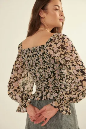 Floral Fascination Smocked Chiffon Peasant Top