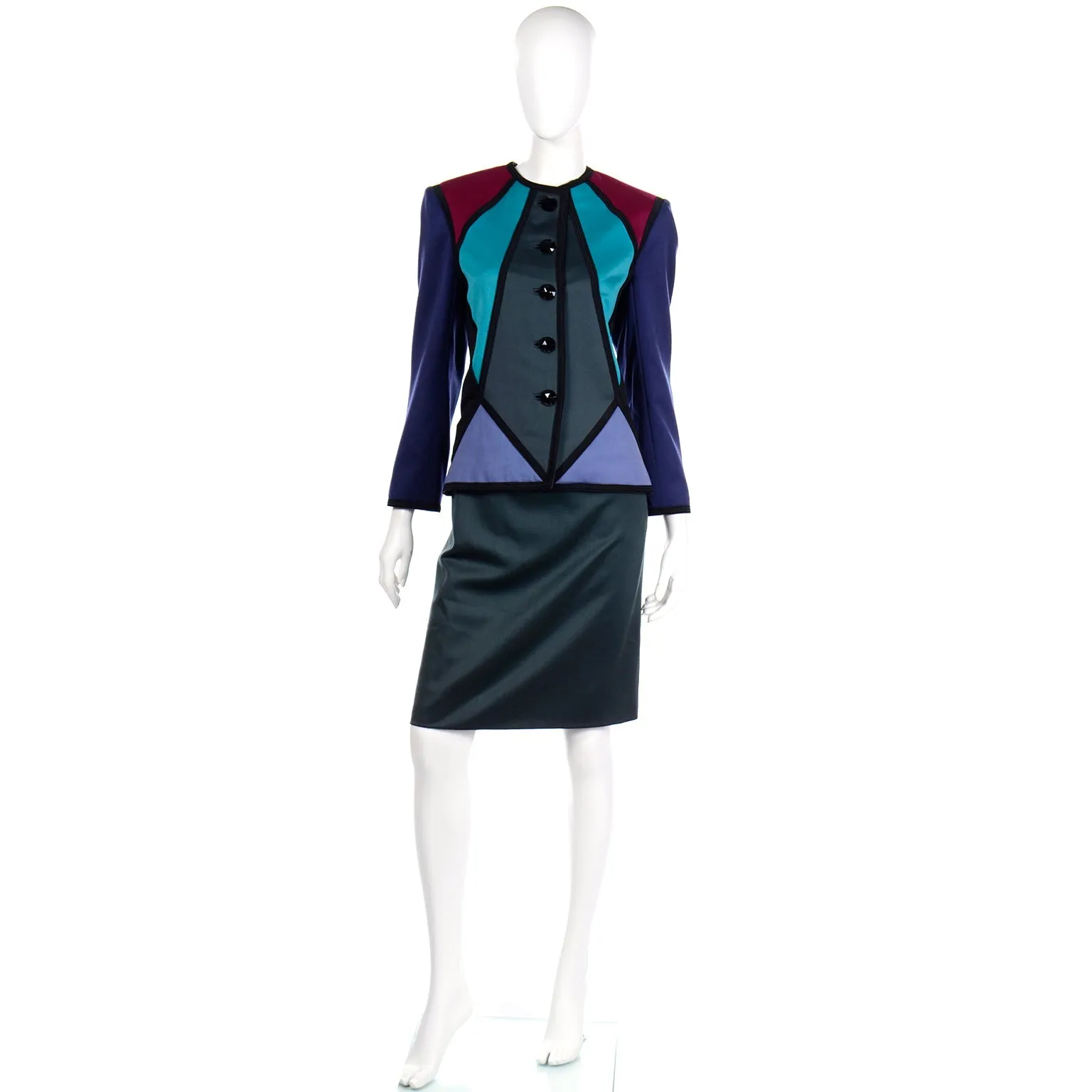 F/W 1988 Yves Saint Laurent Geometric Color Block Skirt Suit w 2 Skirts