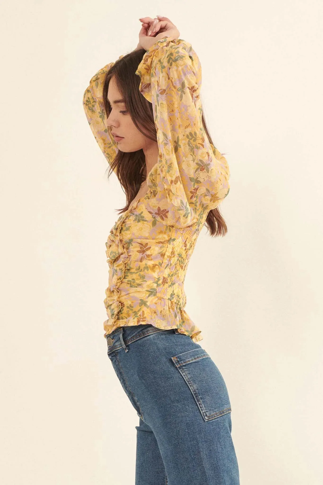 Heart of Gold Ruffled Floral Chiffon Blouse