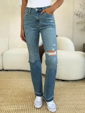 Judy Blue Full Size Mid Rise Bootcut Destroyed Hem Distressed Jeans