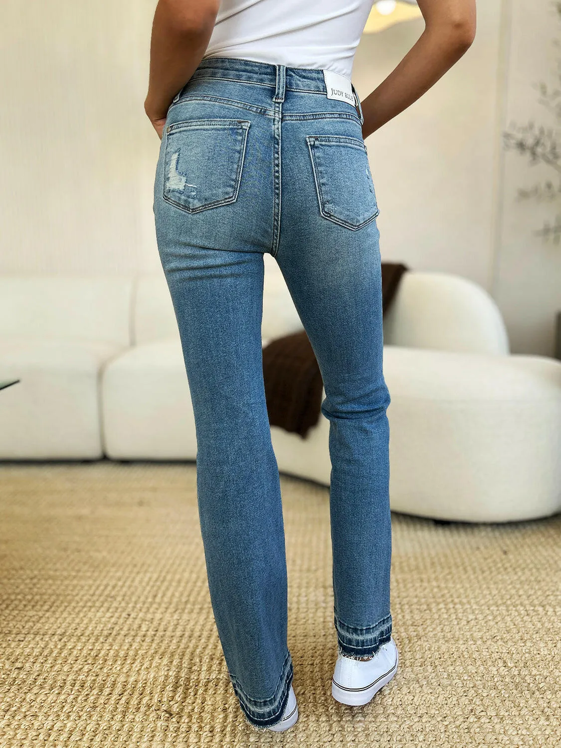 Judy Blue Full Size Mid Rise Bootcut Destroyed Hem Distressed Jeans