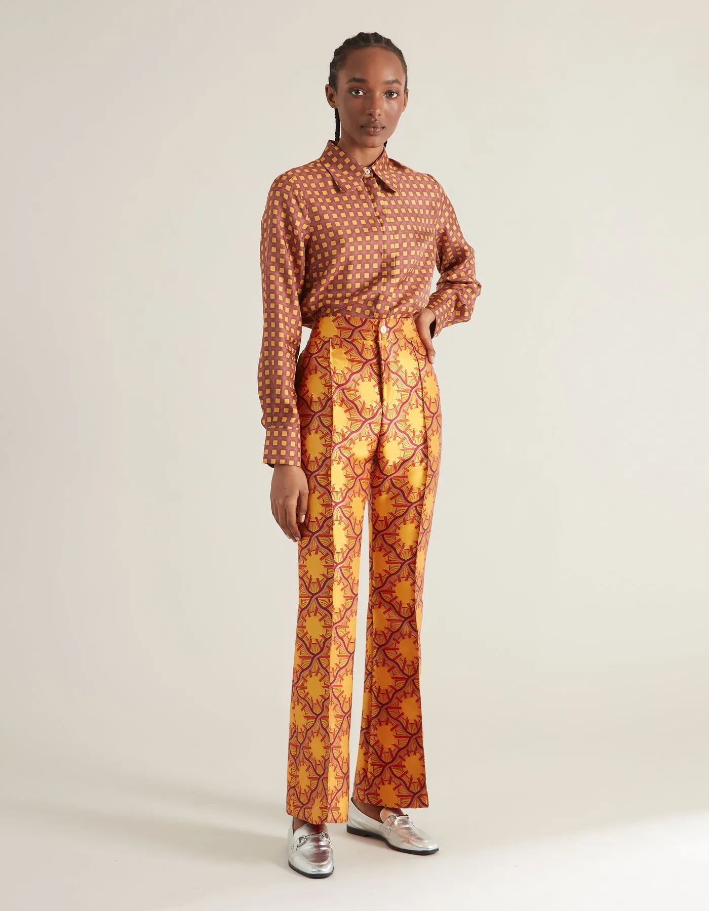 Kelly Orange Portrait Print Silk Jacquard Trousers