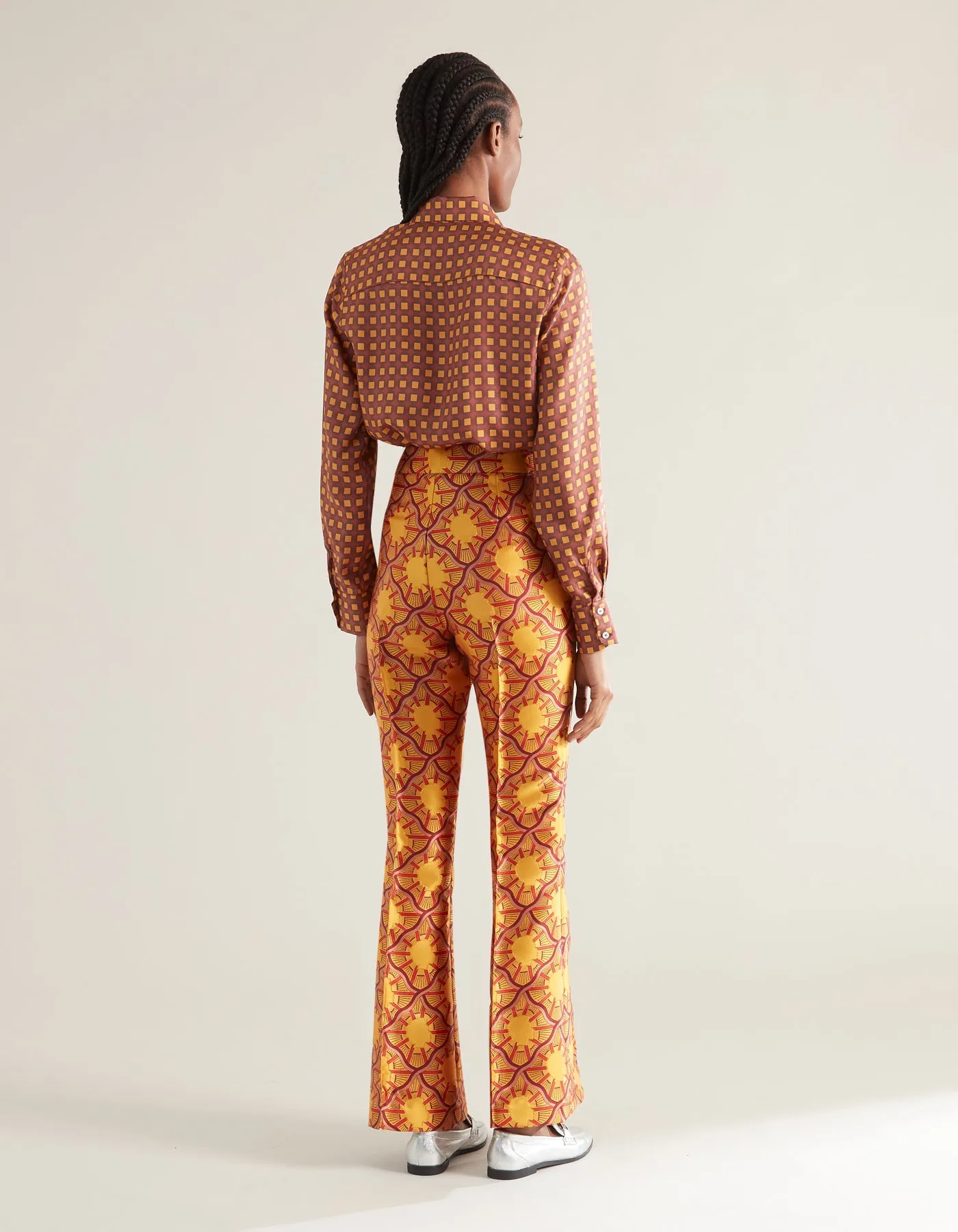 Kelly Orange Portrait Print Silk Jacquard Trousers