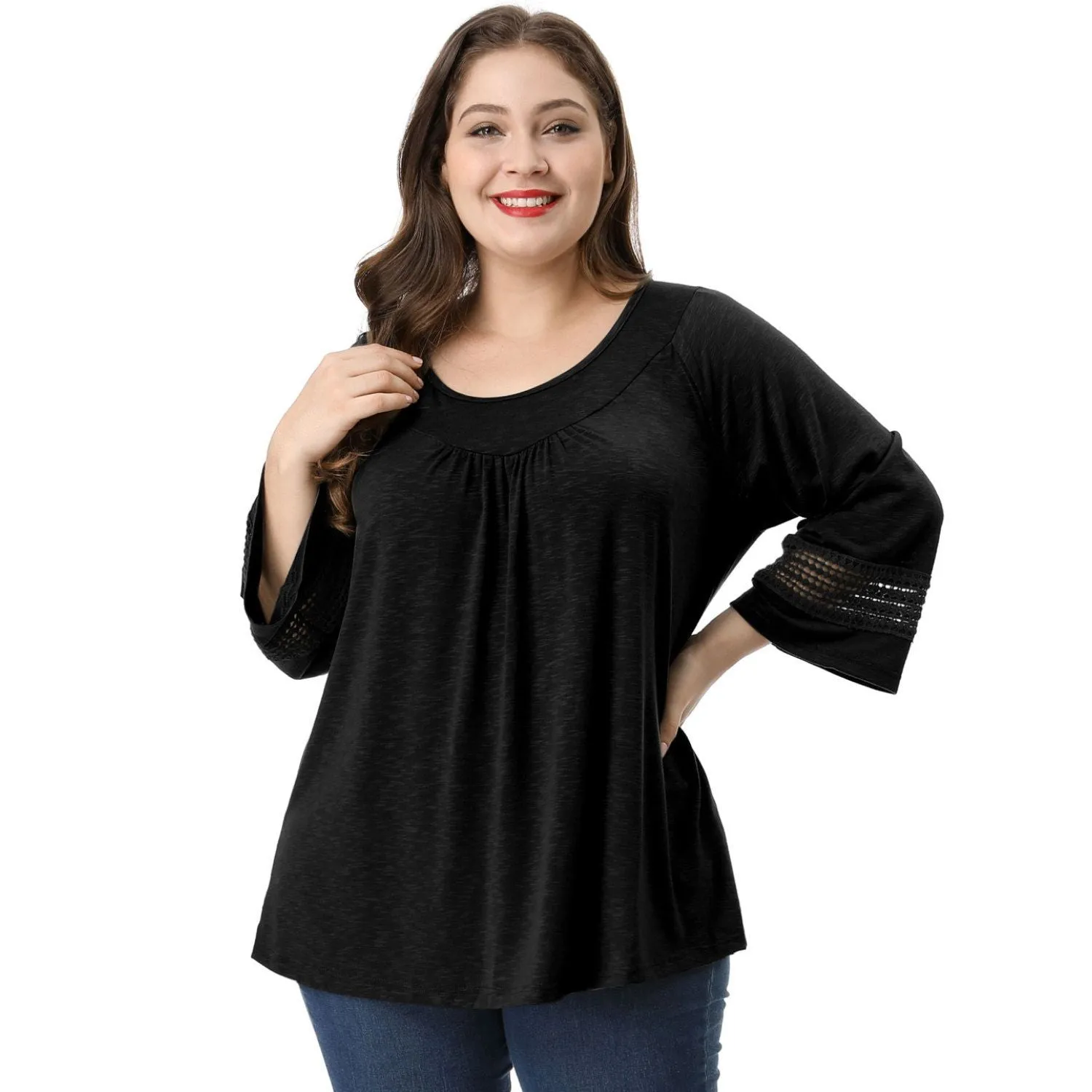 Large size women's kimono, crocheted Long Sleeve Peasant Blouse Dressy Casual Top Agnes Orinda black