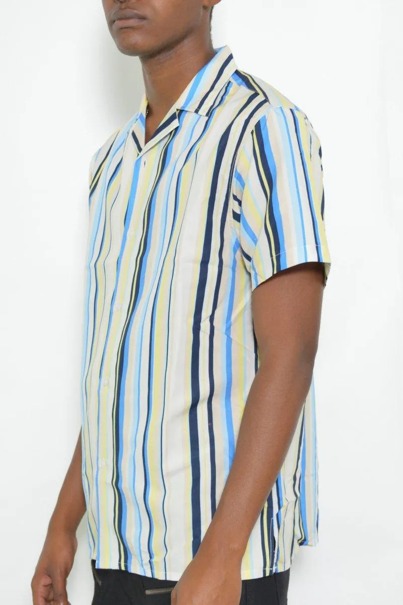 Mens Blue Yellow Striped Button Down Shirt