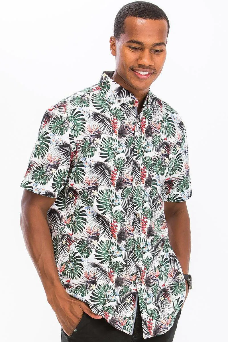 Mens Green Multi Palms Button Down Shirt Short Sleeve