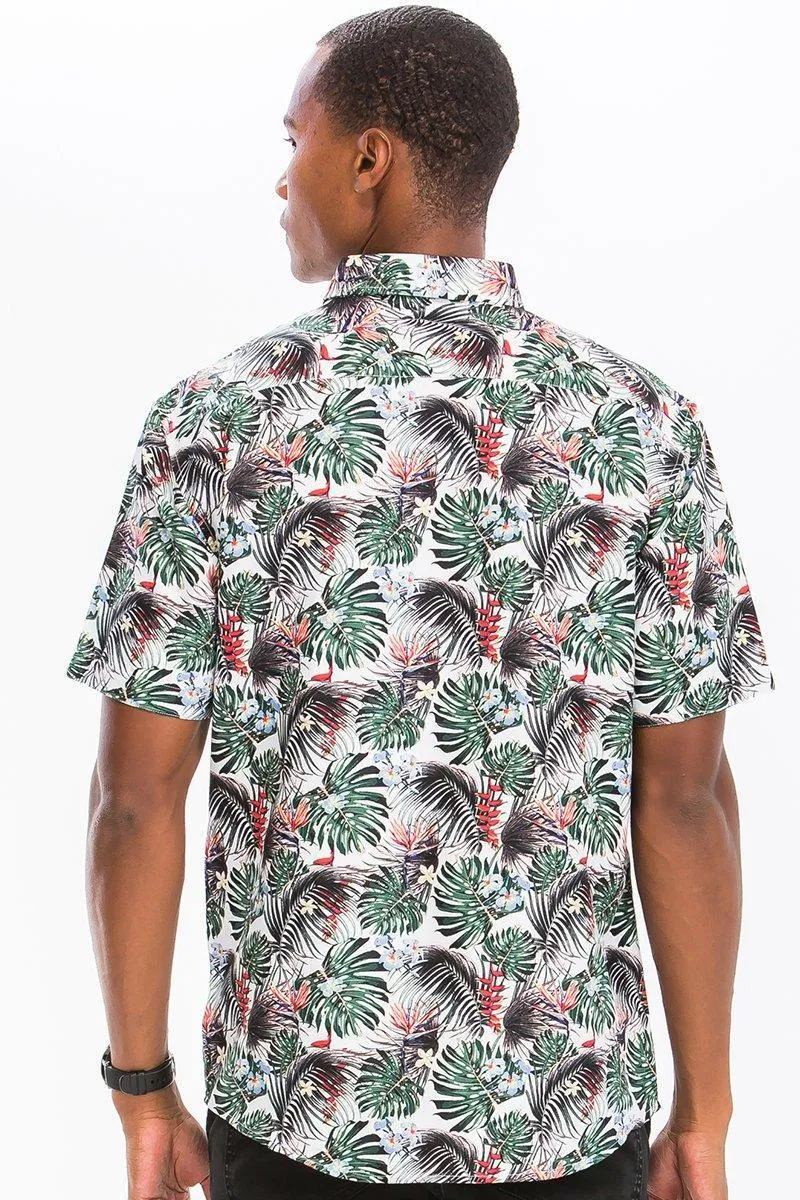 Mens Green Multi Palms Button Down Shirt Short Sleeve