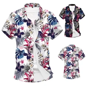 Mens Short Sleeve Summer Hawaiian Holiday Slim Fit Floral print casual Button Up Shirt