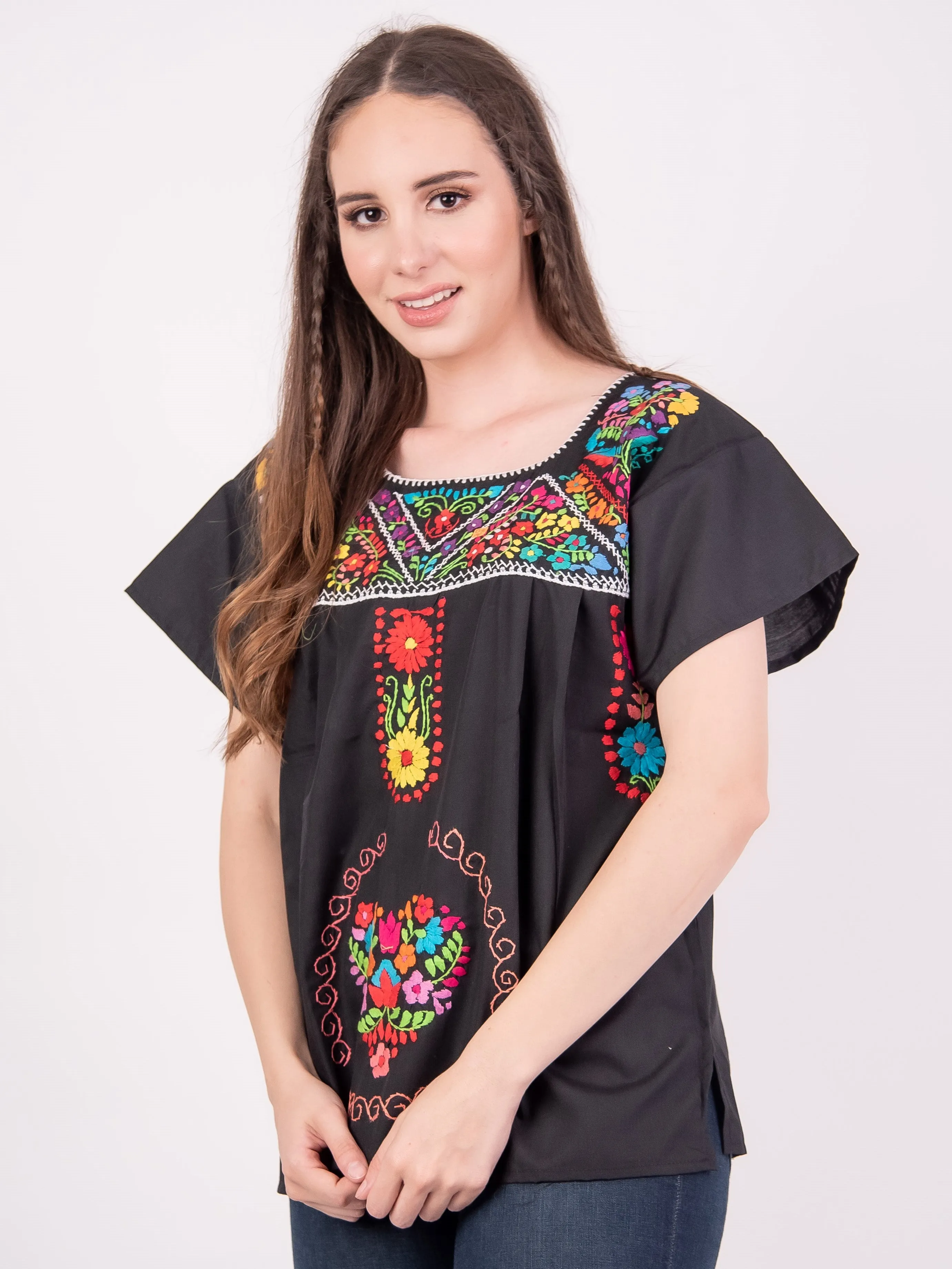 Mexican Tehuacan Full Embroidered Blouse Black