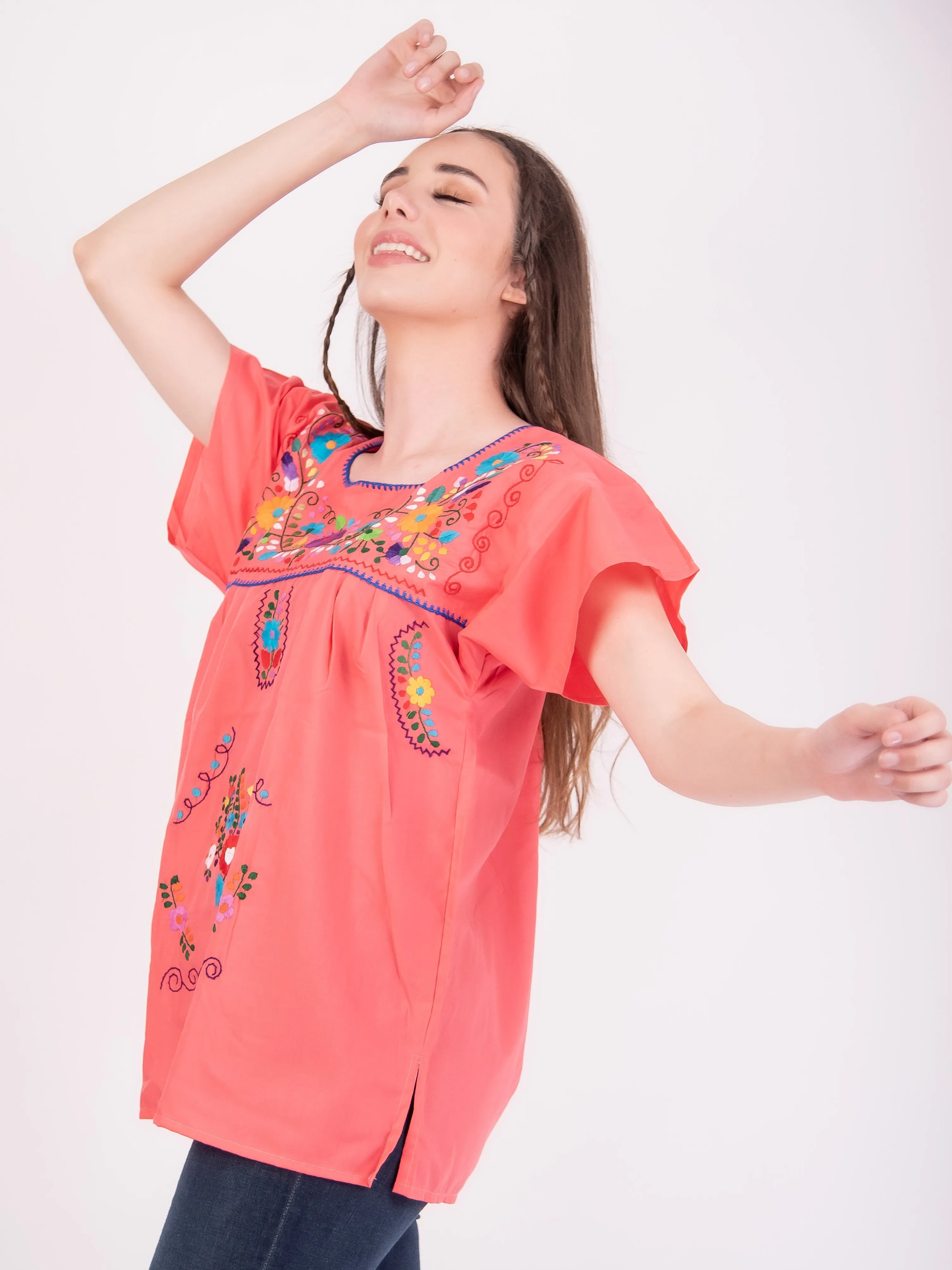 Mexican Tehuacan Full Embroidered Blouse Coral