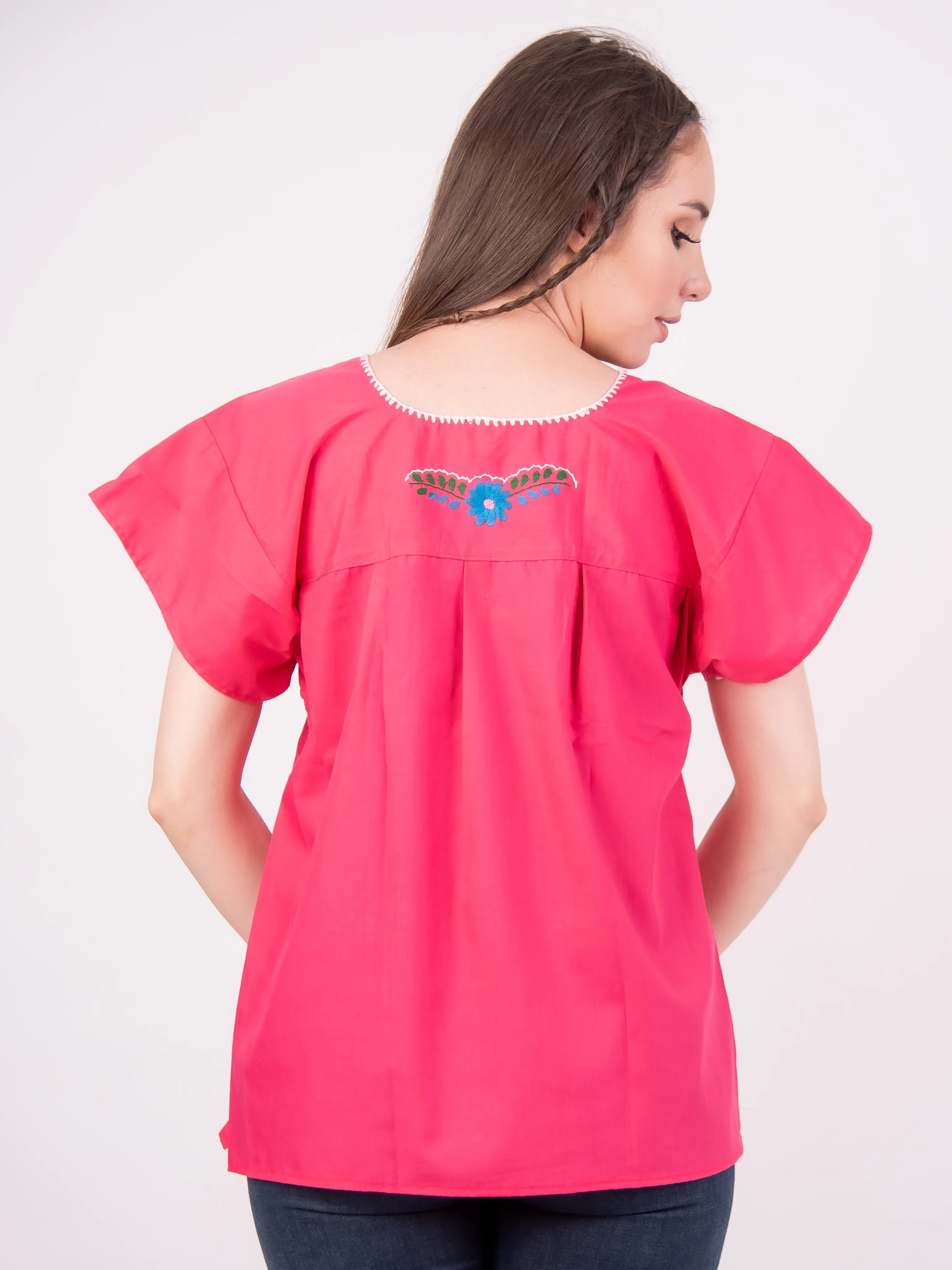 Mexican Tehuacan Full Embroidered Blouse Hot Pink