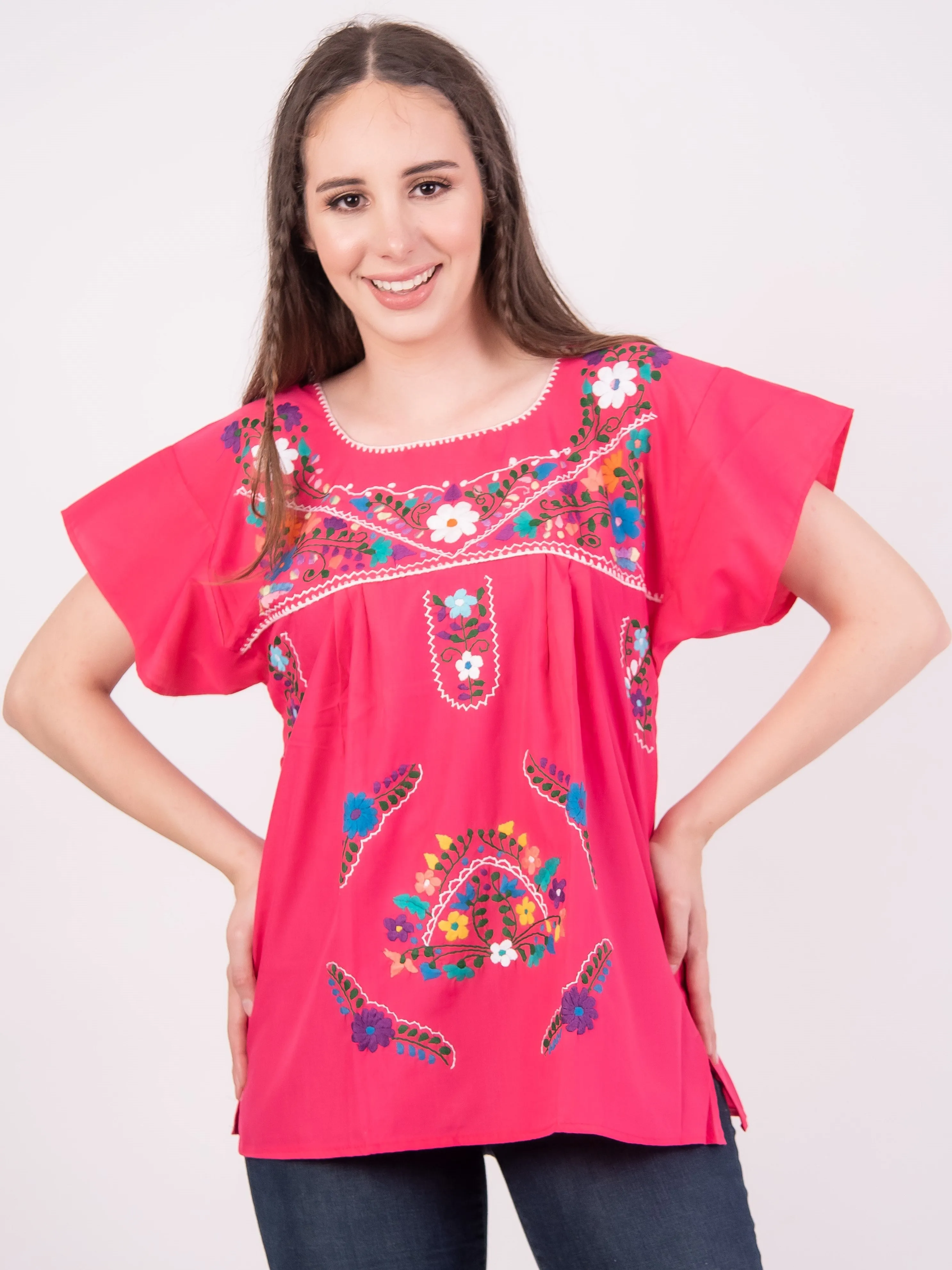 Mexican Tehuacan Full Embroidered Blouse Hot Pink