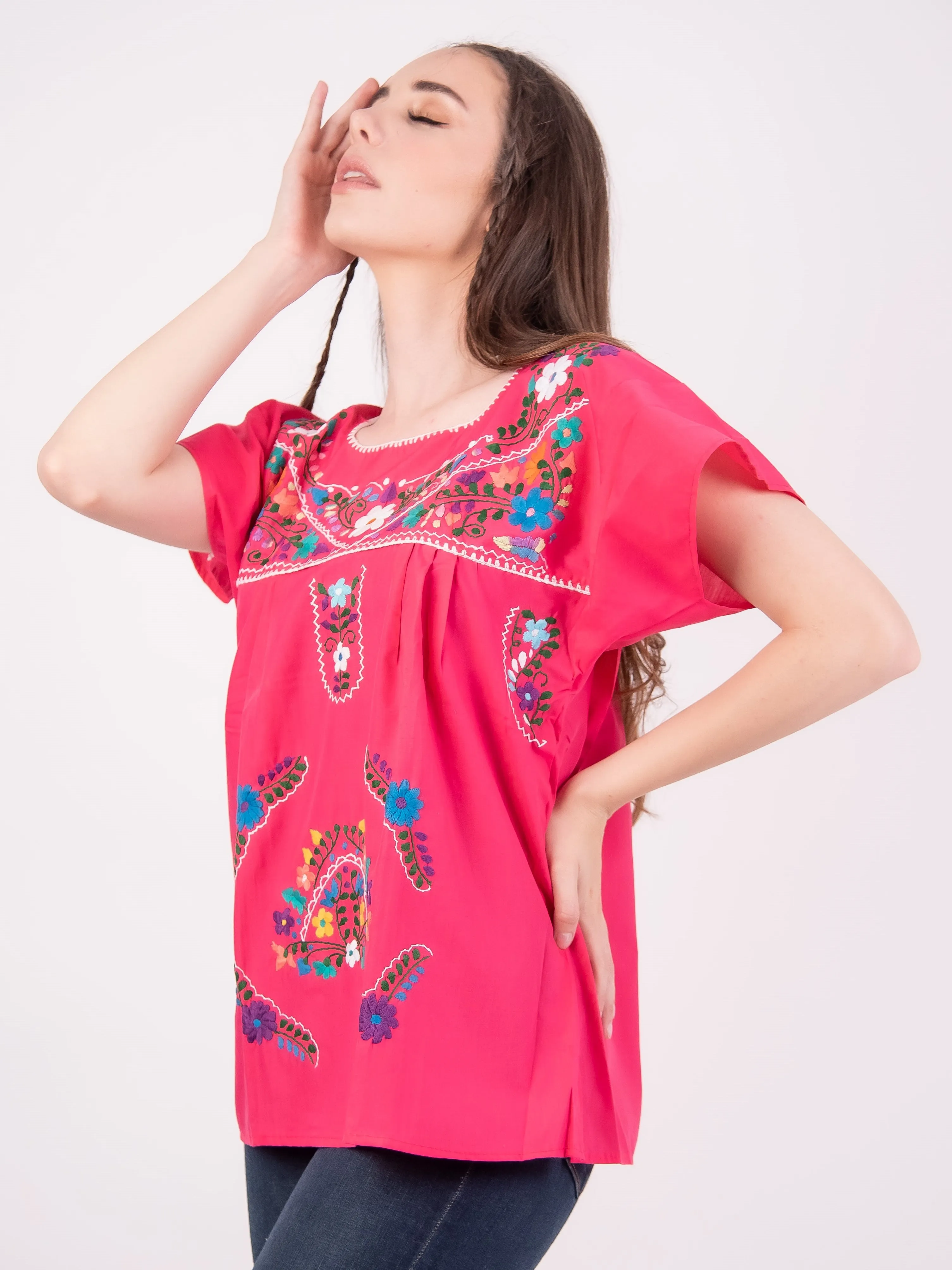 Mexican Tehuacan Full Embroidered Blouse Hot Pink