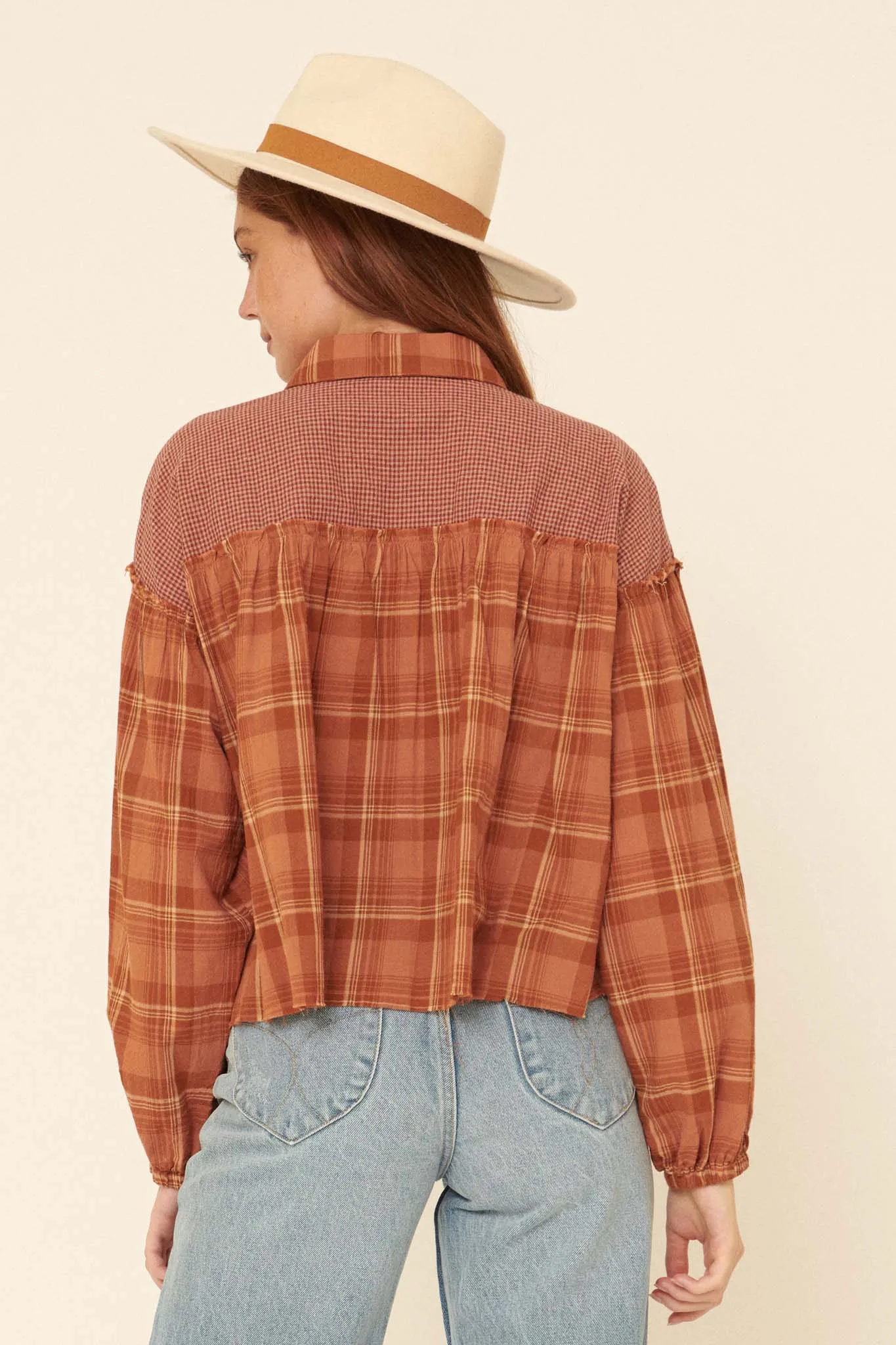 Orchard Hill Buttoned Plaid Peasant Top