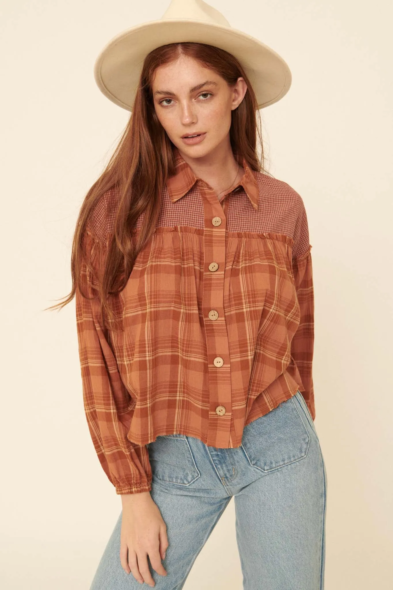 Orchard Hill Buttoned Plaid Peasant Top