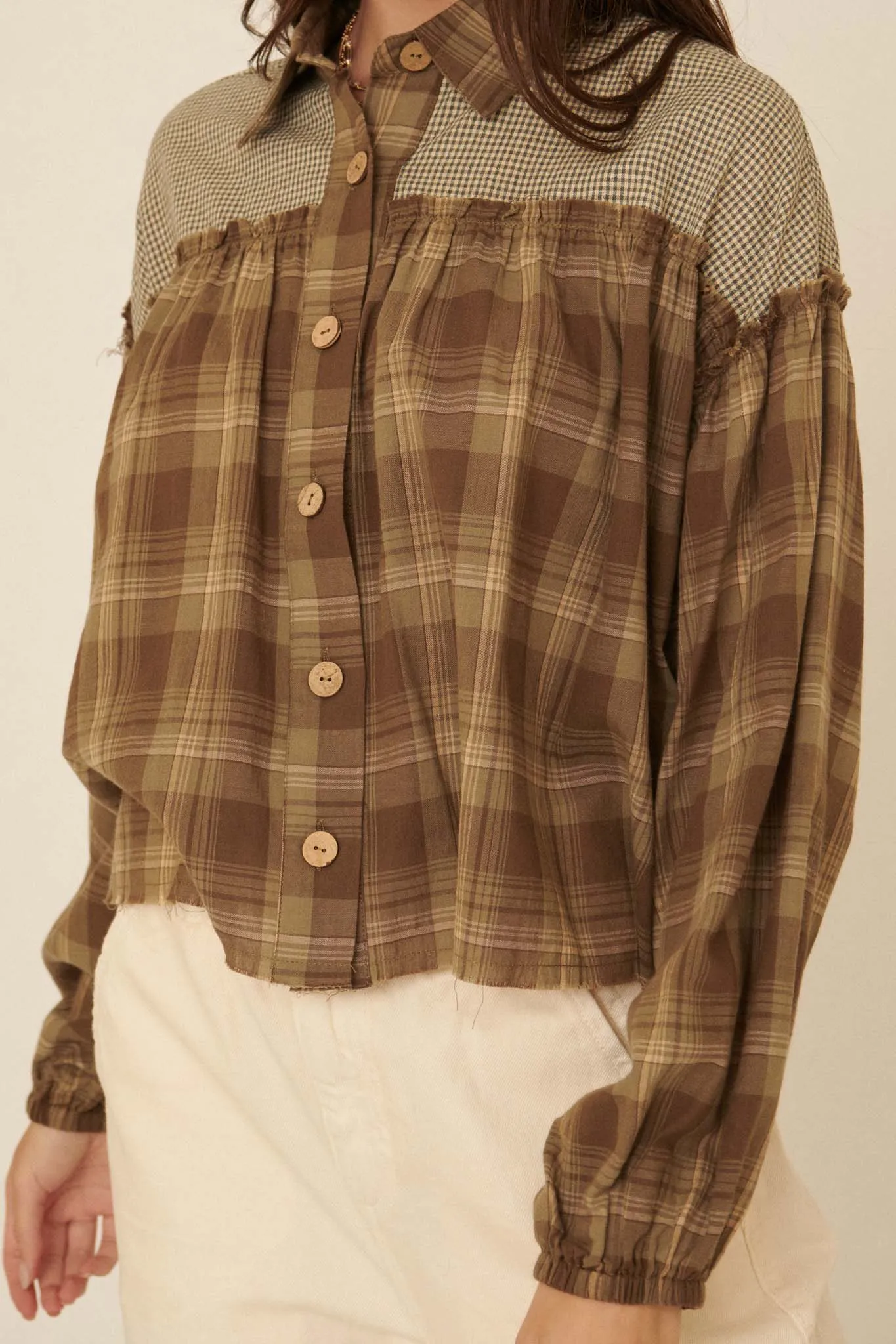 Orchard Hill Buttoned Plaid Peasant Top