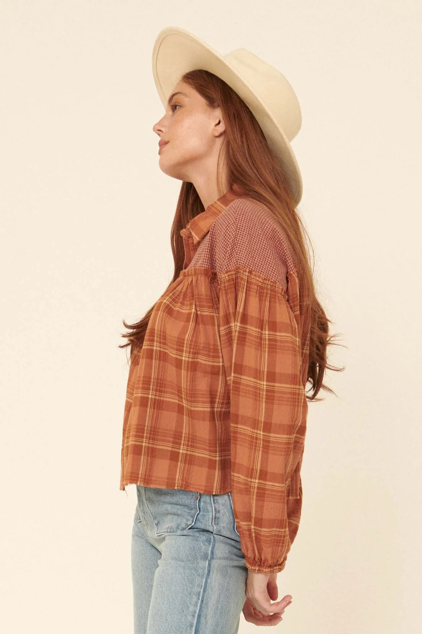 Orchard Hill Buttoned Plaid Peasant Top