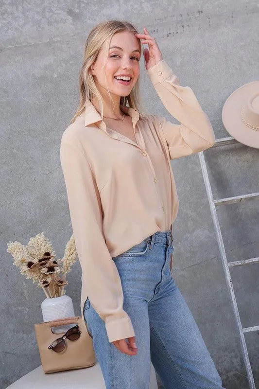 Oversized Long Sleeve Button Down Chiffon Blouse