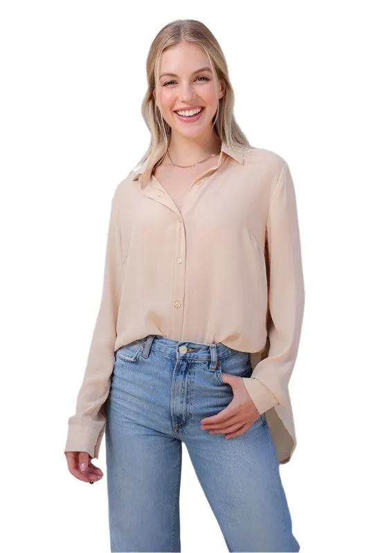 Oversized Long Sleeve Button Down Chiffon Blouse