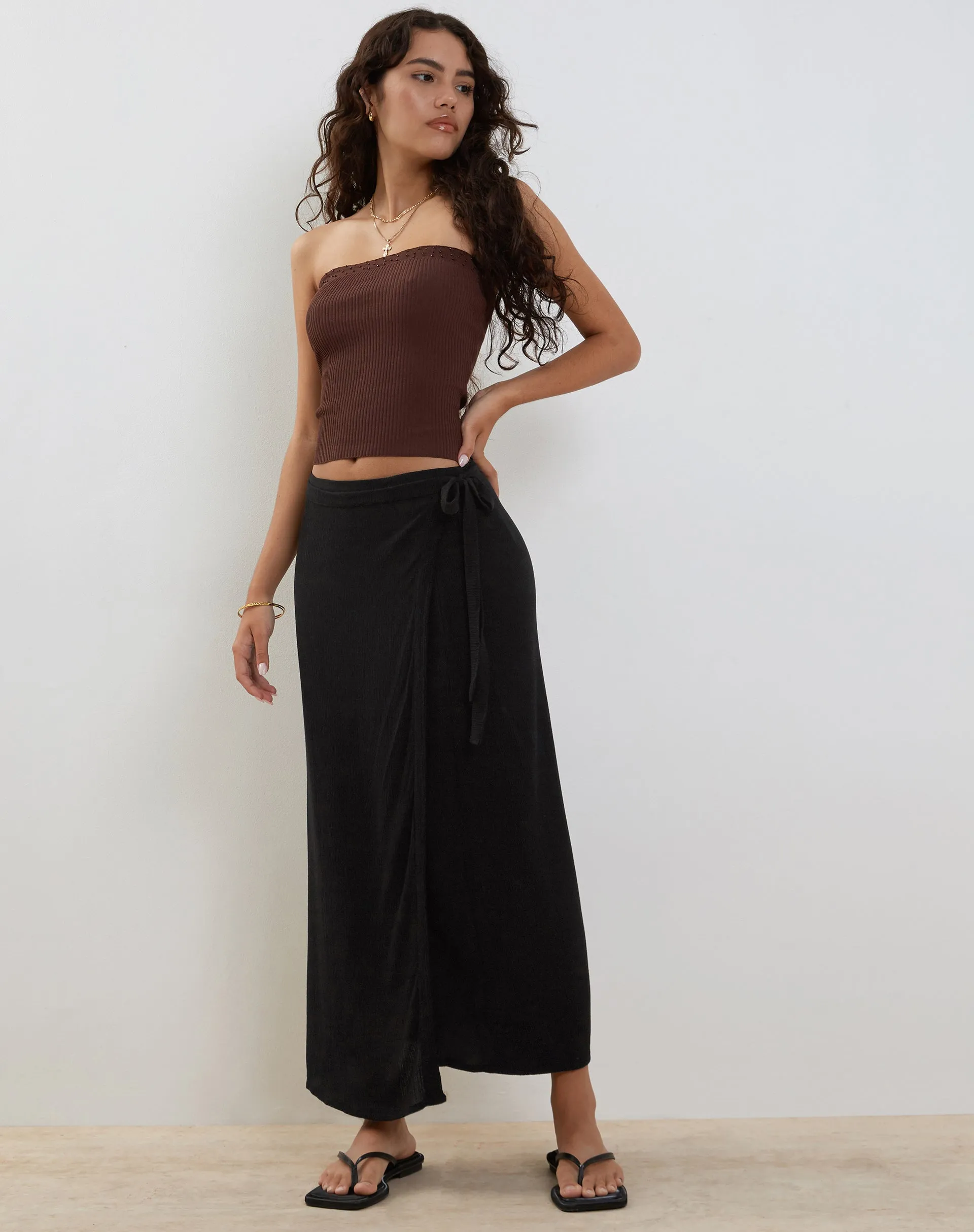 Peria Maxi Wrap Skirt in Black Crinkle