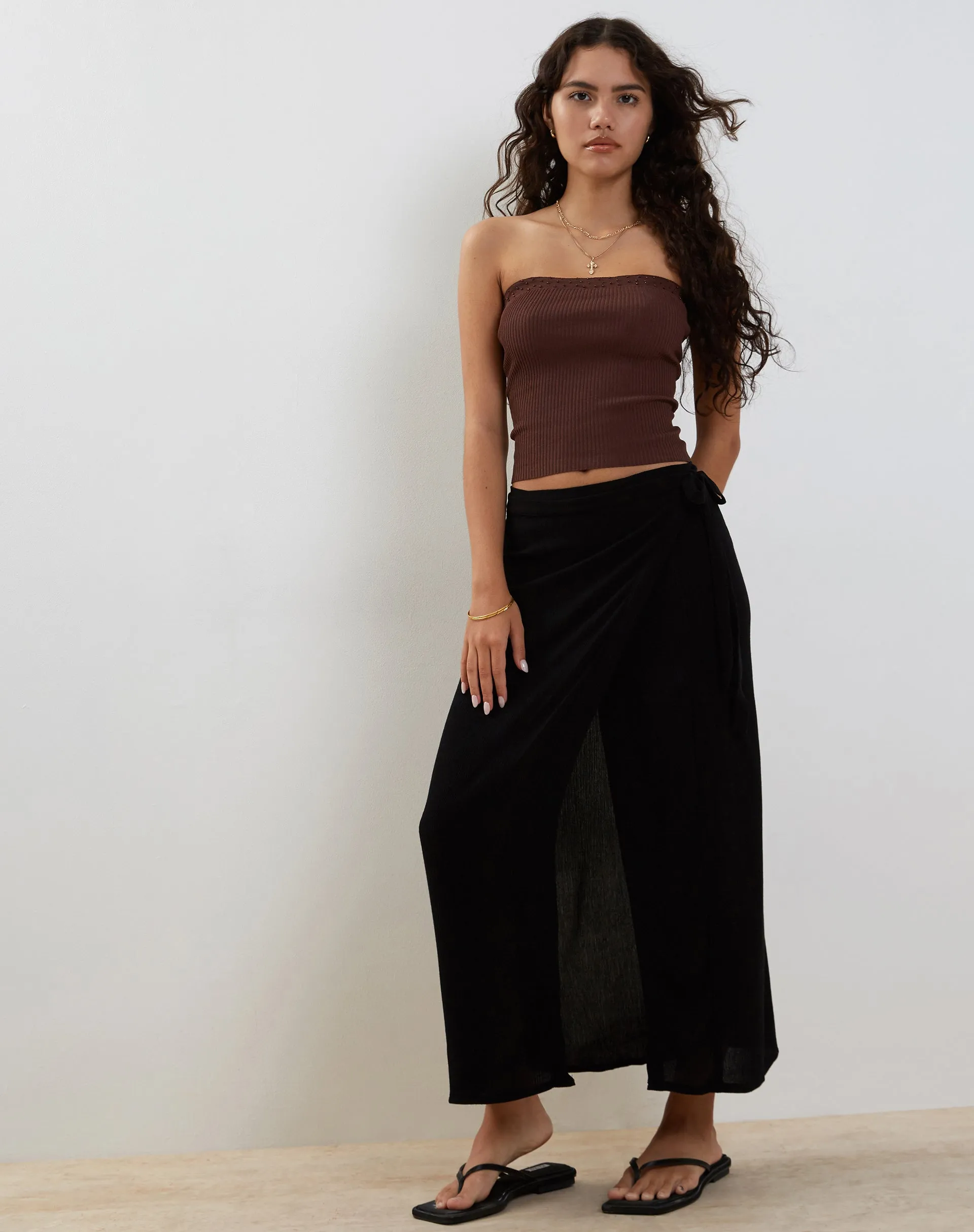 Peria Maxi Wrap Skirt in Black Crinkle