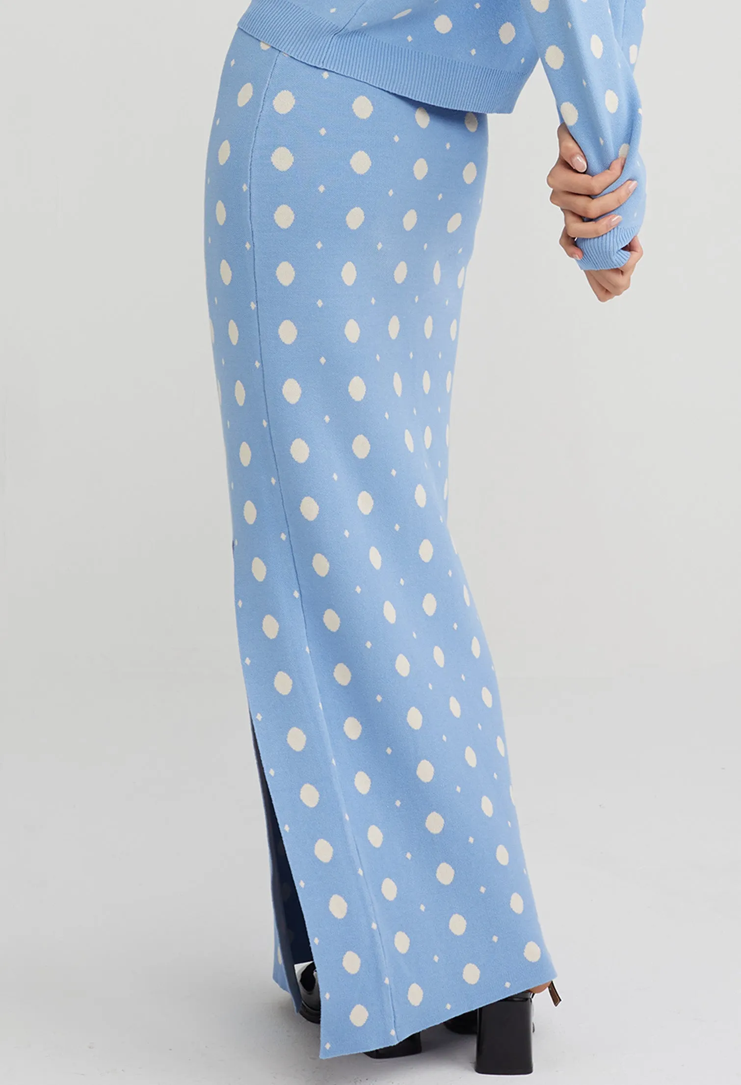 Polka Dot Knit Slit Skirt