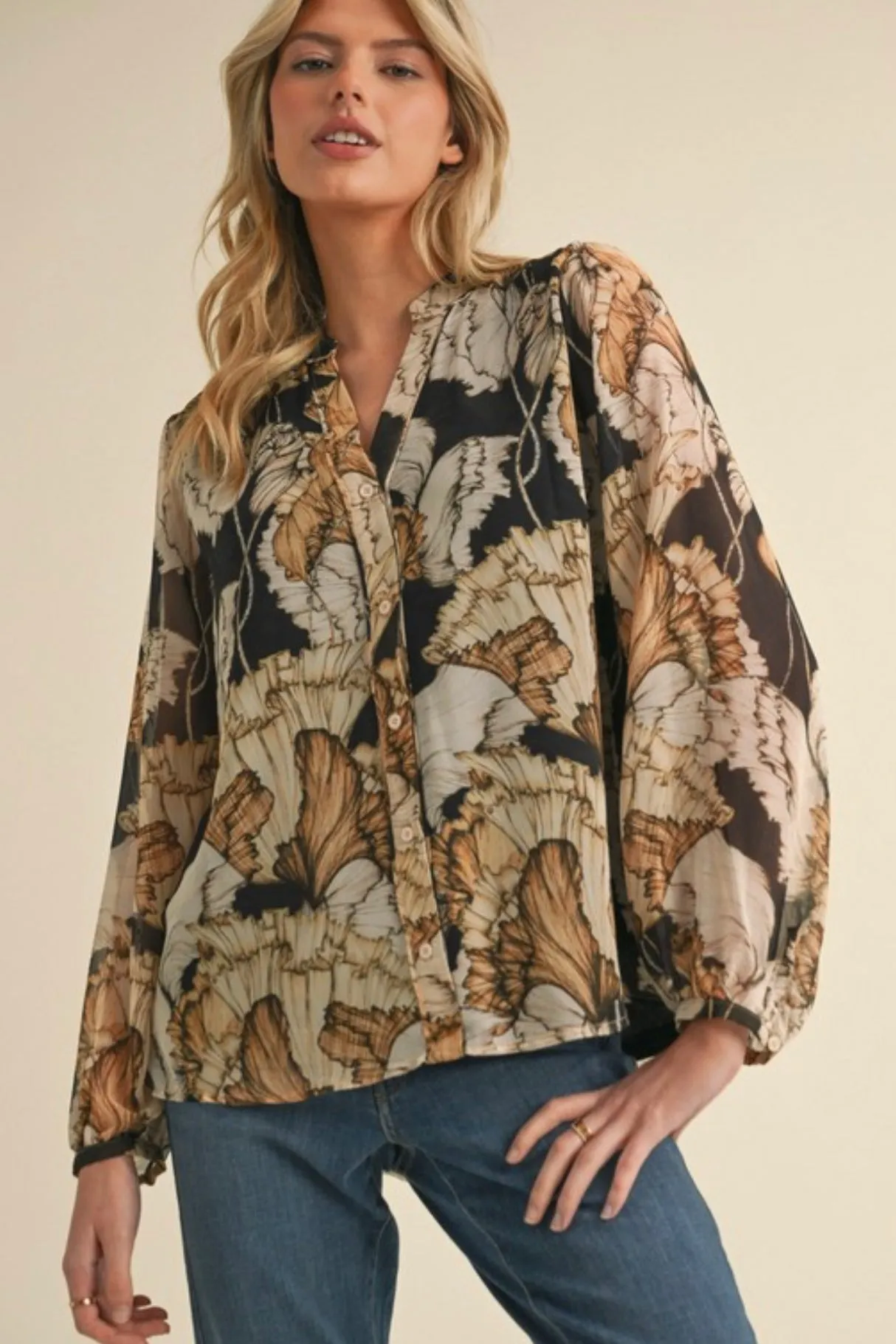 Printed Chiffon Peasant Sleeve Blouse