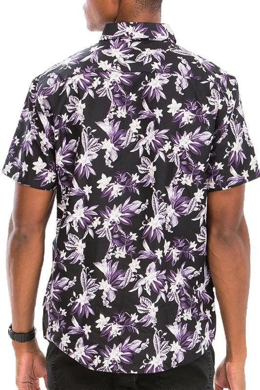 Purple Black And White Hawaiian Button-Down Shirt Black