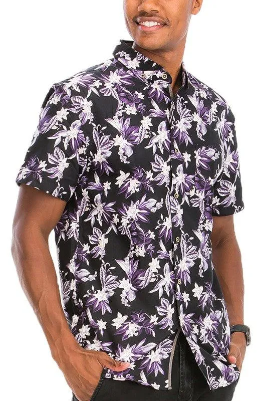 Purple Black And White Hawaiian Button-Down Shirt Black