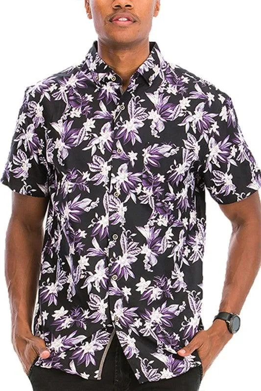 Purple Black And White Hawaiian Button-Down Shirt Black