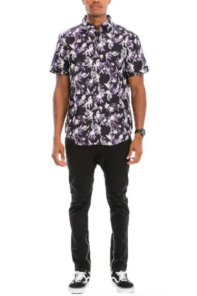 Purple Black And White Hawaiian Button-Down Shirt Black