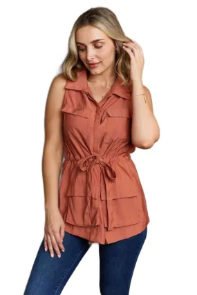 Sleeveless Collared Button Down Red Top