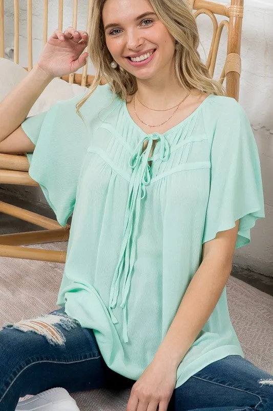 Solid Bow Tie Peasant Top