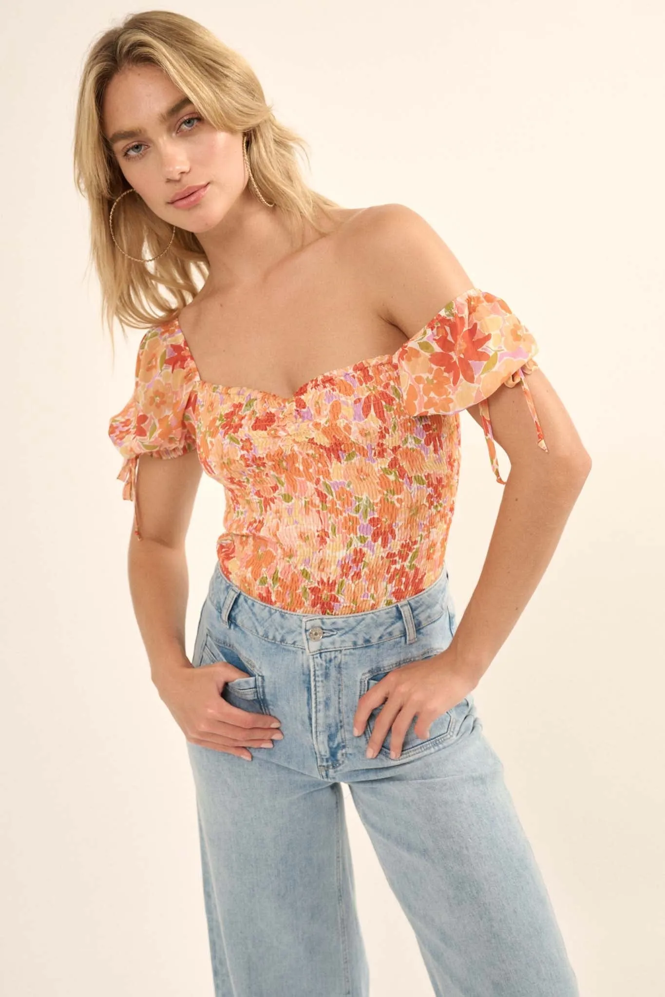 Tangerine Dream Floral Chiffon Smocked Peasant Top