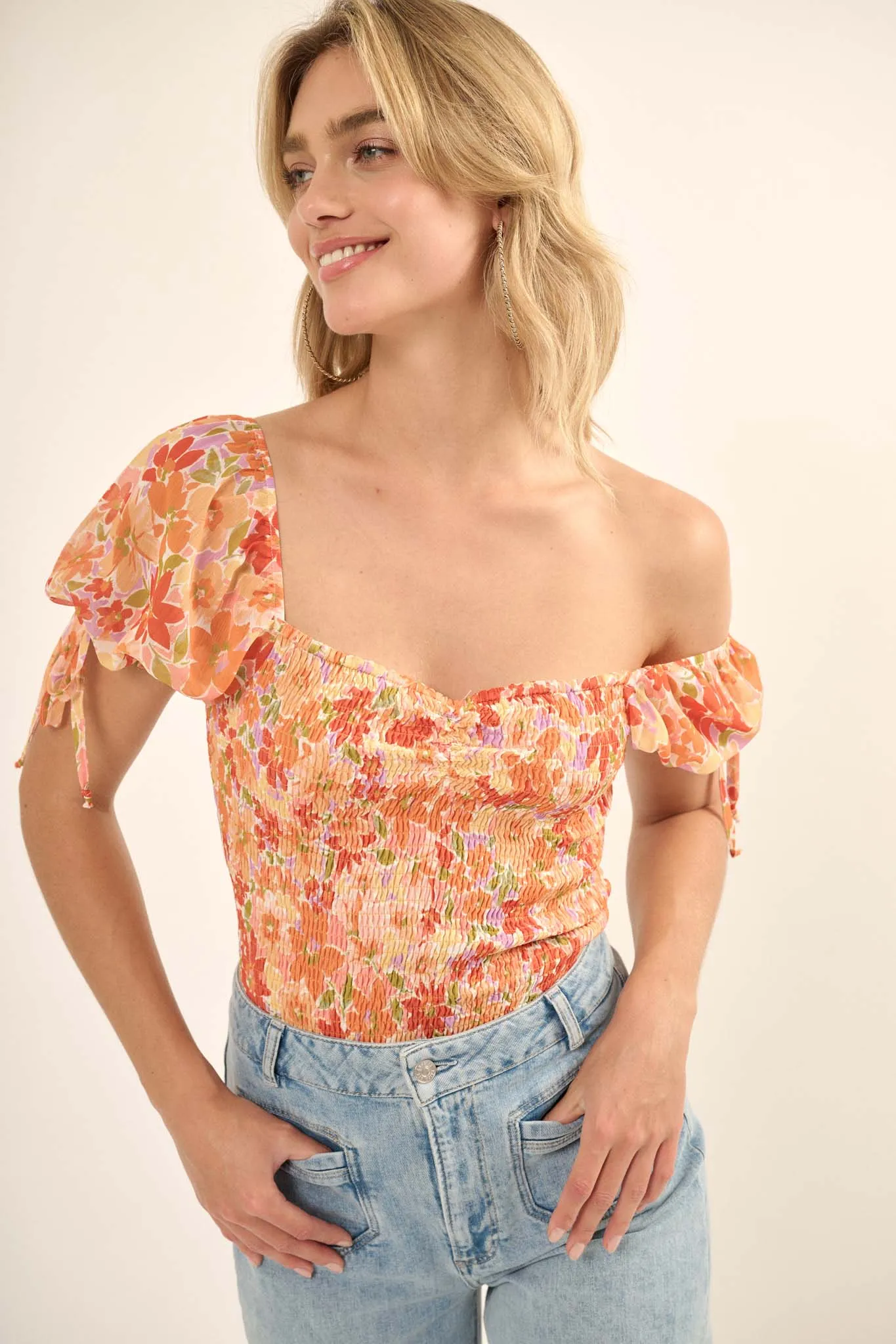 Tangerine Dream Floral Chiffon Smocked Peasant Top