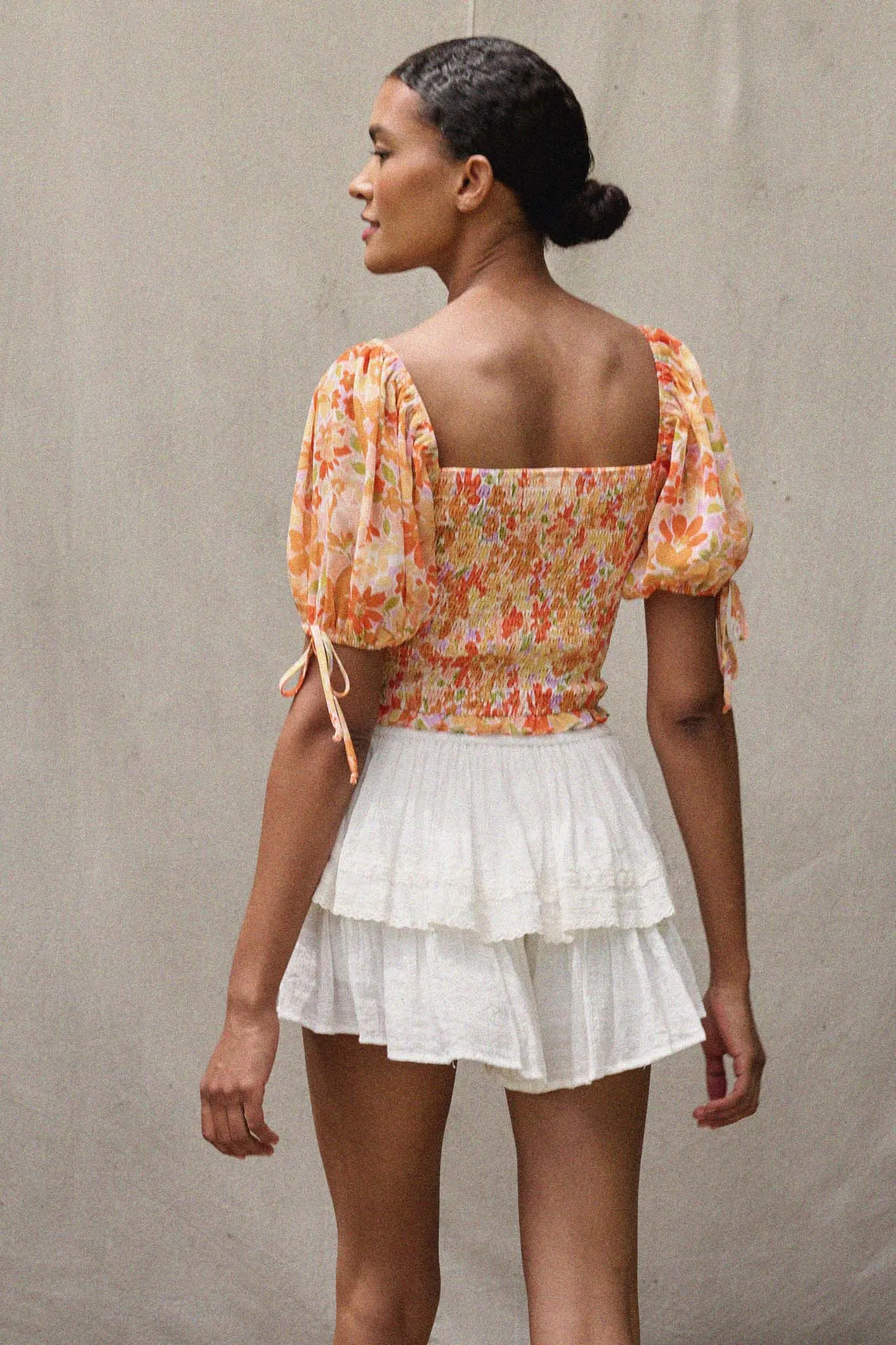 Tangerine Dream Floral Chiffon Smocked Peasant Top