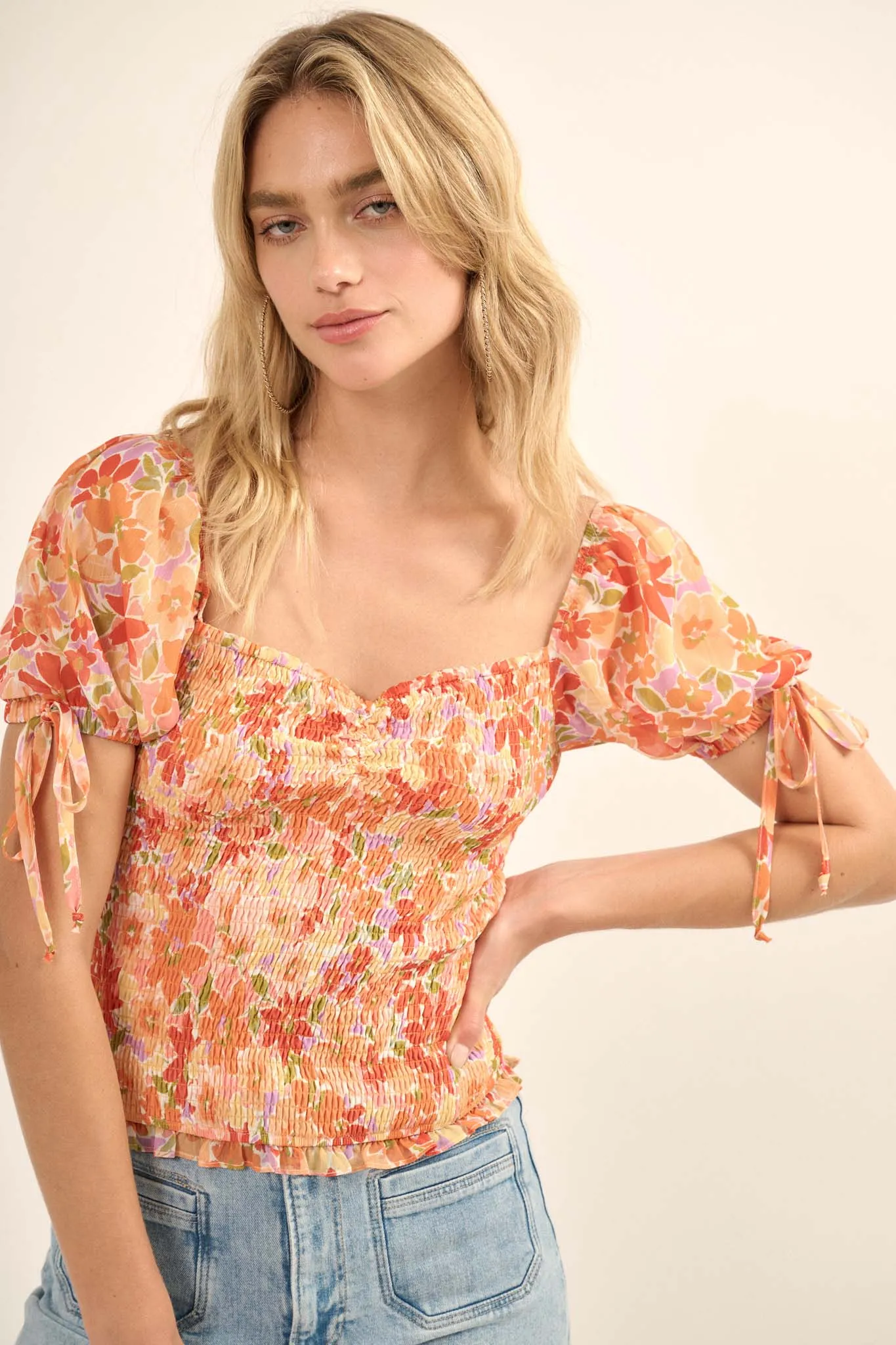 Tangerine Dream Floral Chiffon Smocked Peasant Top