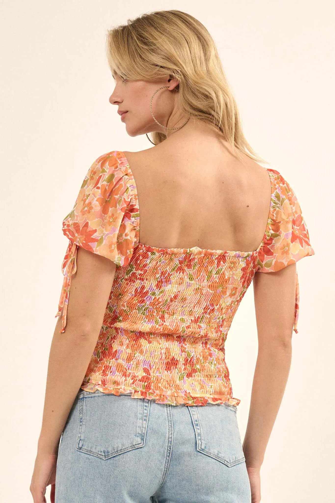 Tangerine Dream Floral Chiffon Smocked Peasant Top