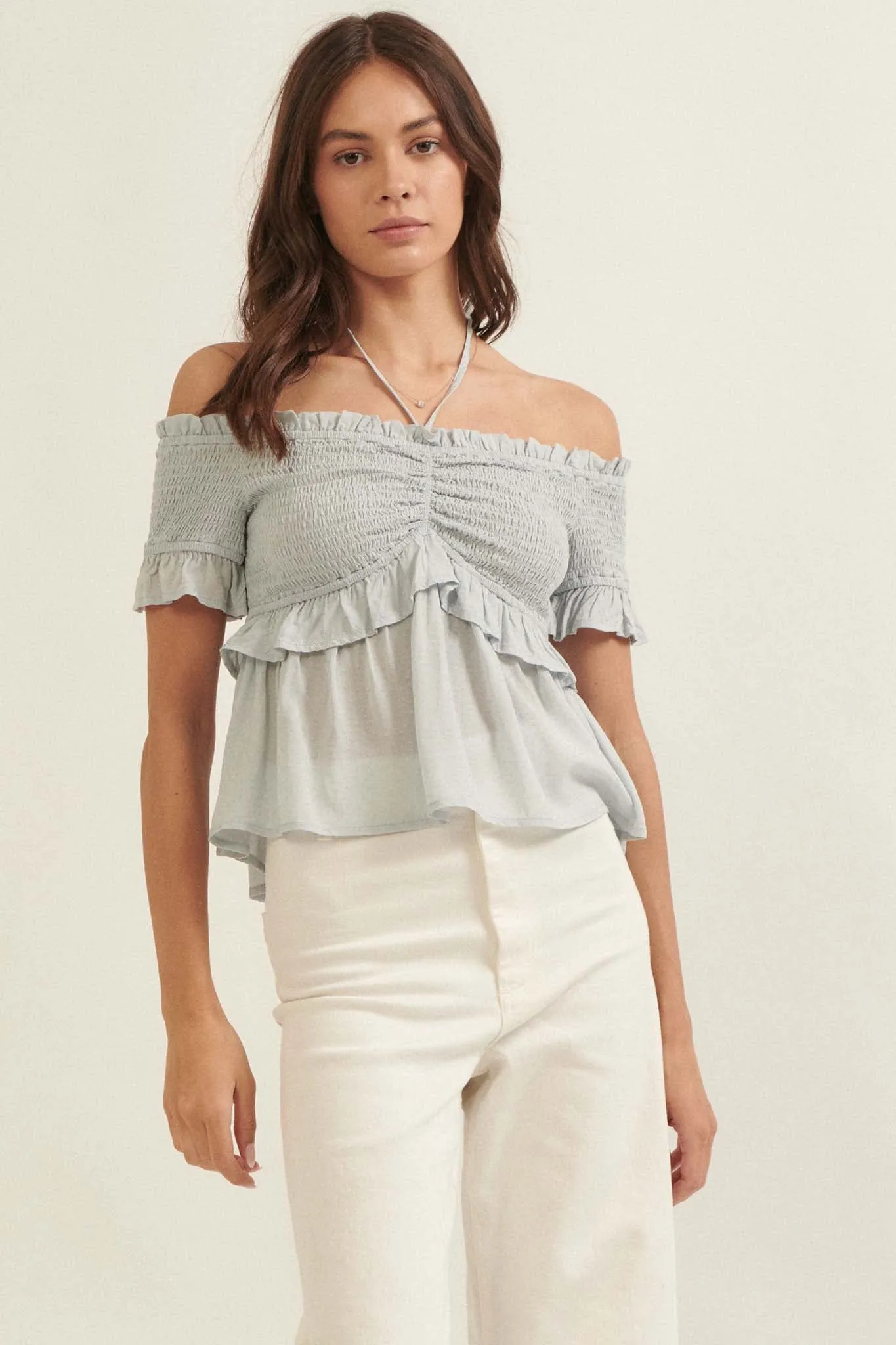 True Devotion Smocked Off-Shoulder Babydoll Top