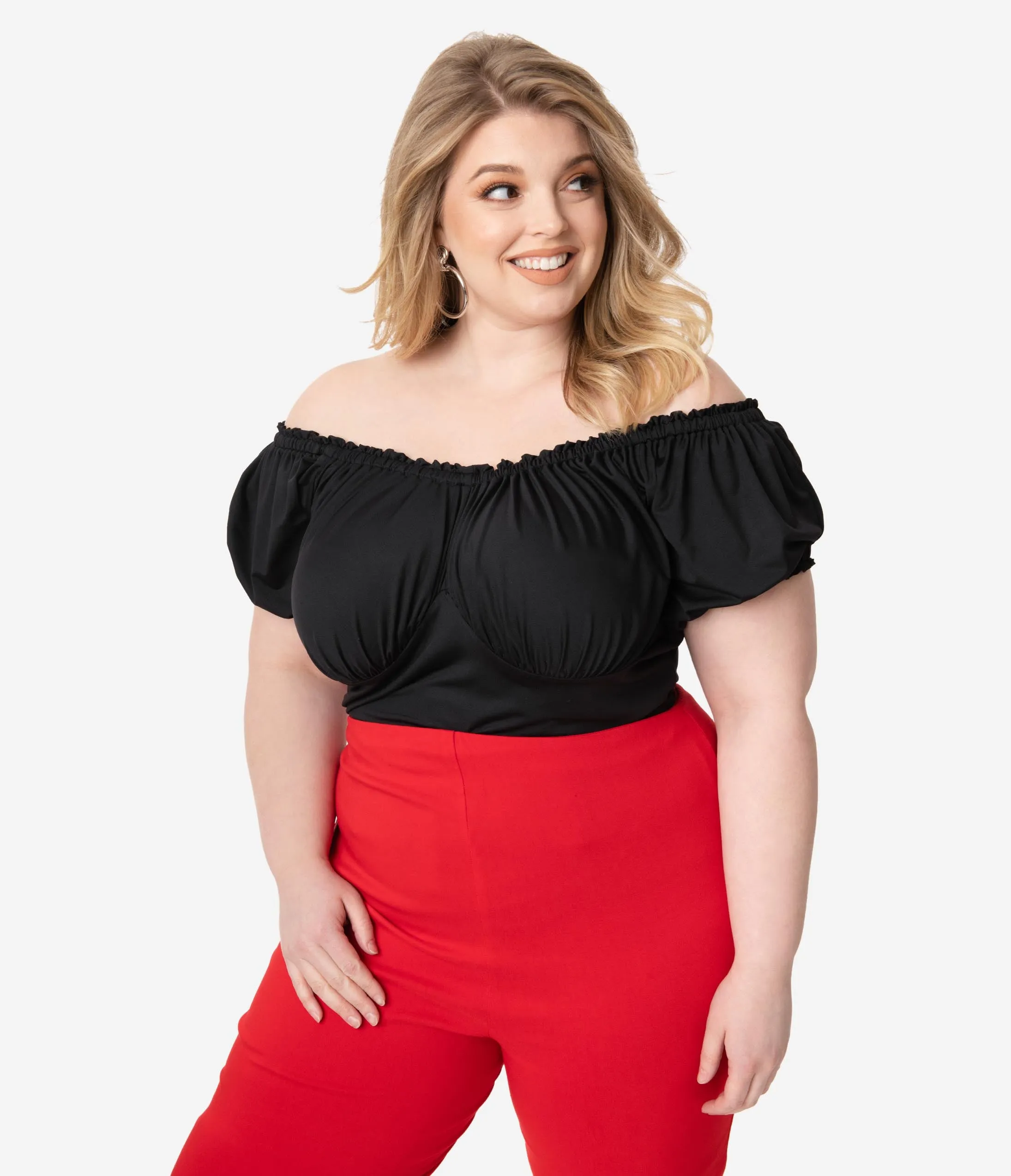 Unique Vintage Plus Size Retro Black Bernadette Fitted Peasant Top