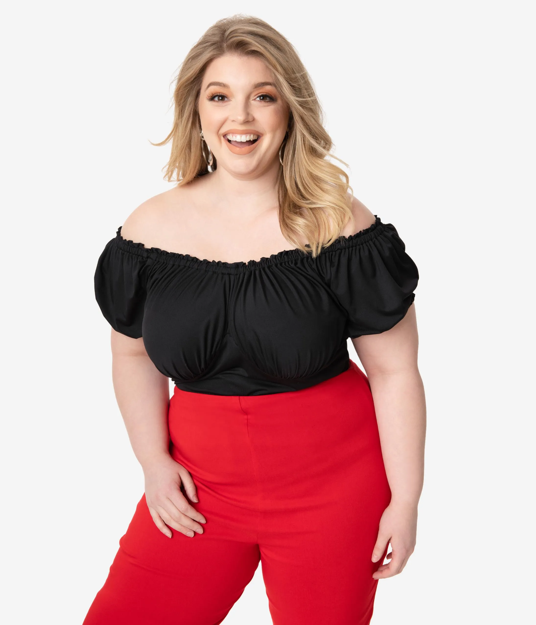 Unique Vintage Plus Size Retro Black Bernadette Fitted Peasant Top