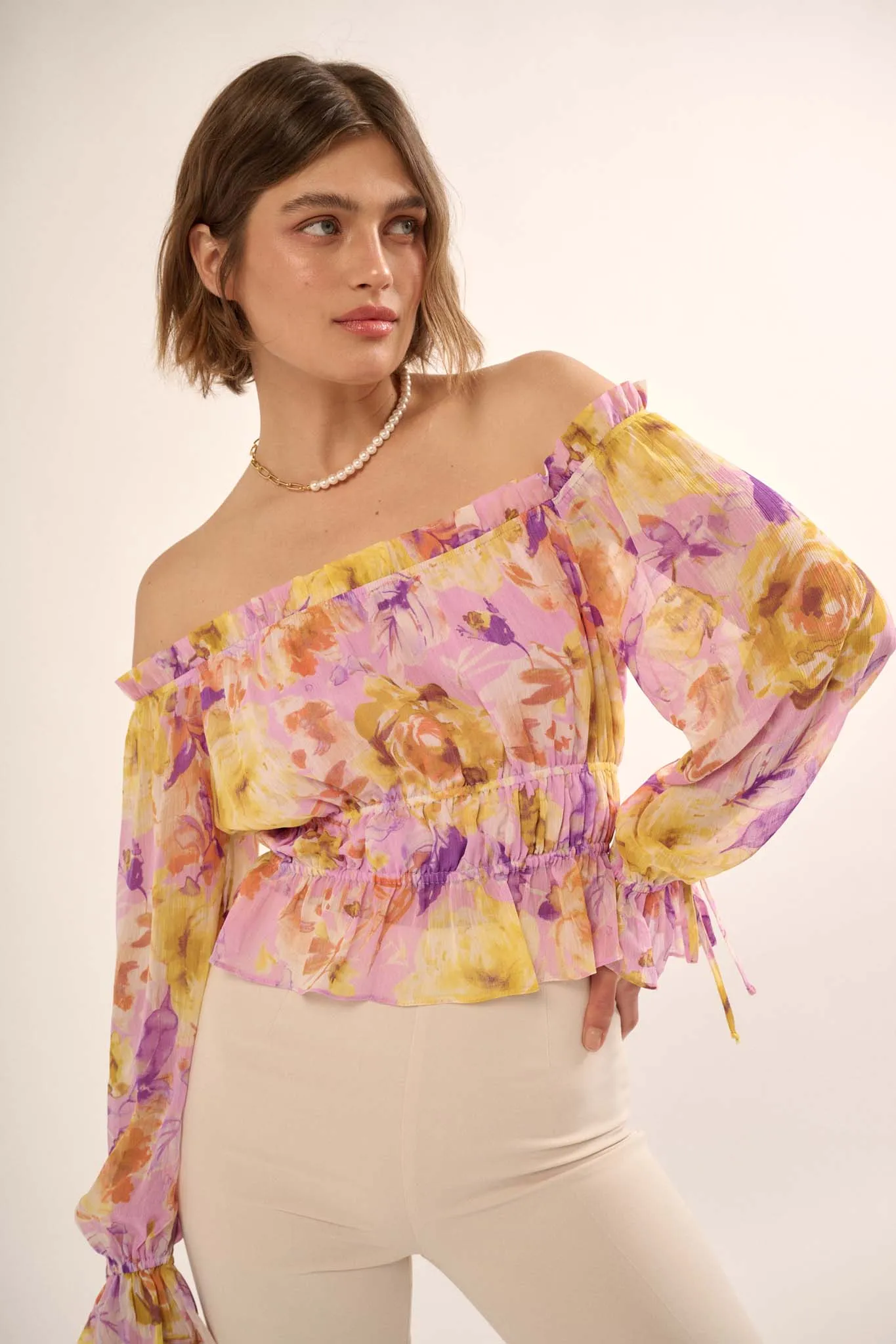 Violet Hour Floral Chiffon Off-Shoulder Peasant Top