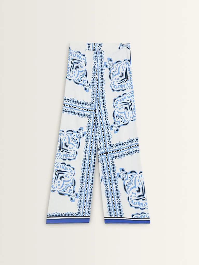 Wardrobe Ivory & Blue Printed Flared High-Rise Trousers