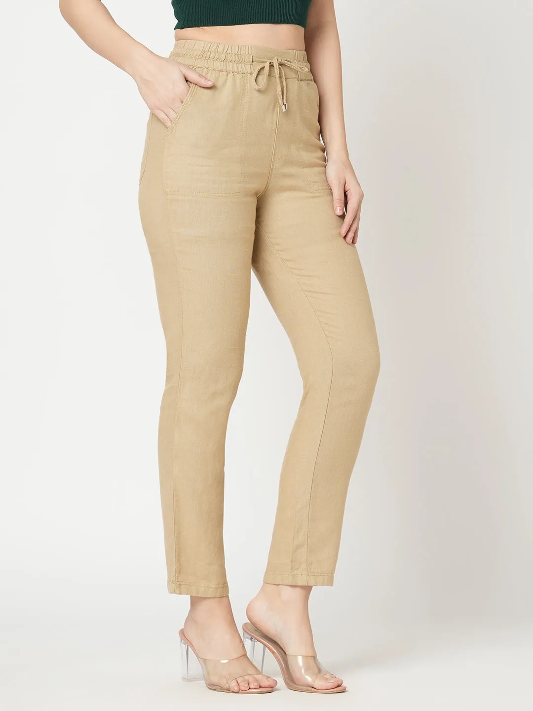 WOMEN LIGHT BROWN  HIGH-RISE PAPER BAG PANT