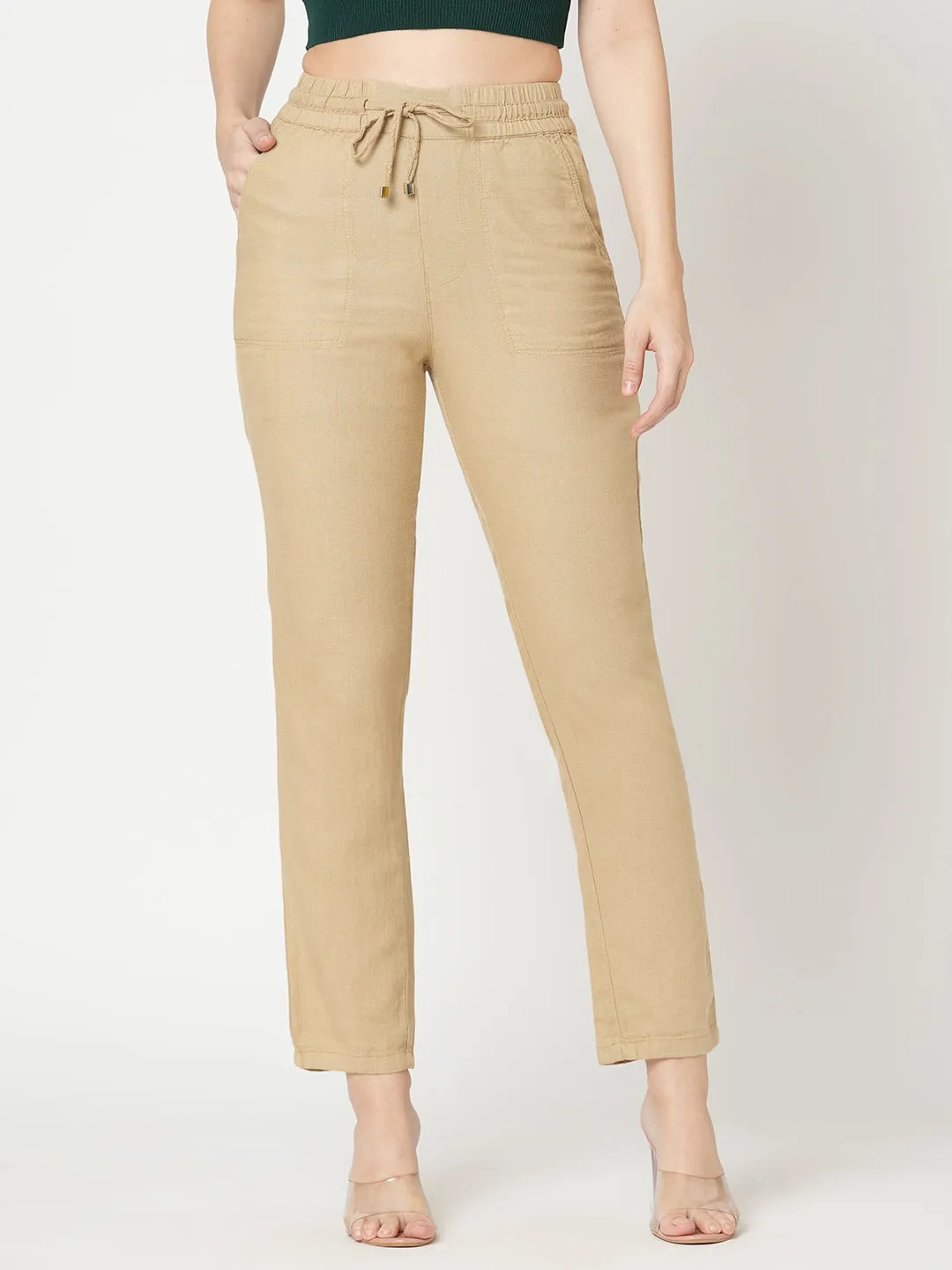 WOMEN LIGHT BROWN  HIGH-RISE PAPER BAG PANT