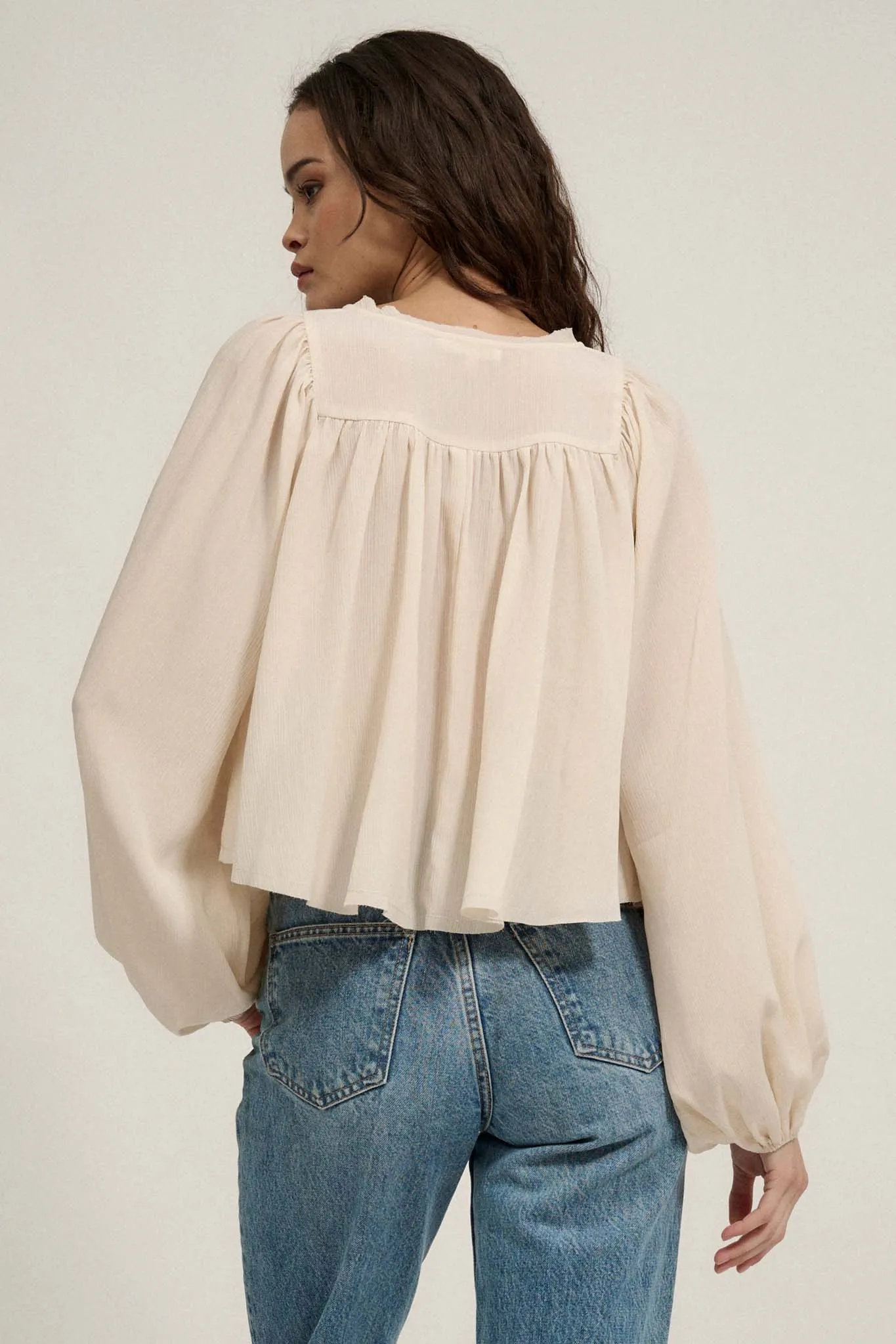 Wonderful Life Pleated Crepe Babydoll Peasant Top